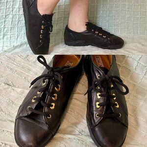 Vintage 80s Black Leather Sneakers Gold Brass Heart Laces by Escada size 10